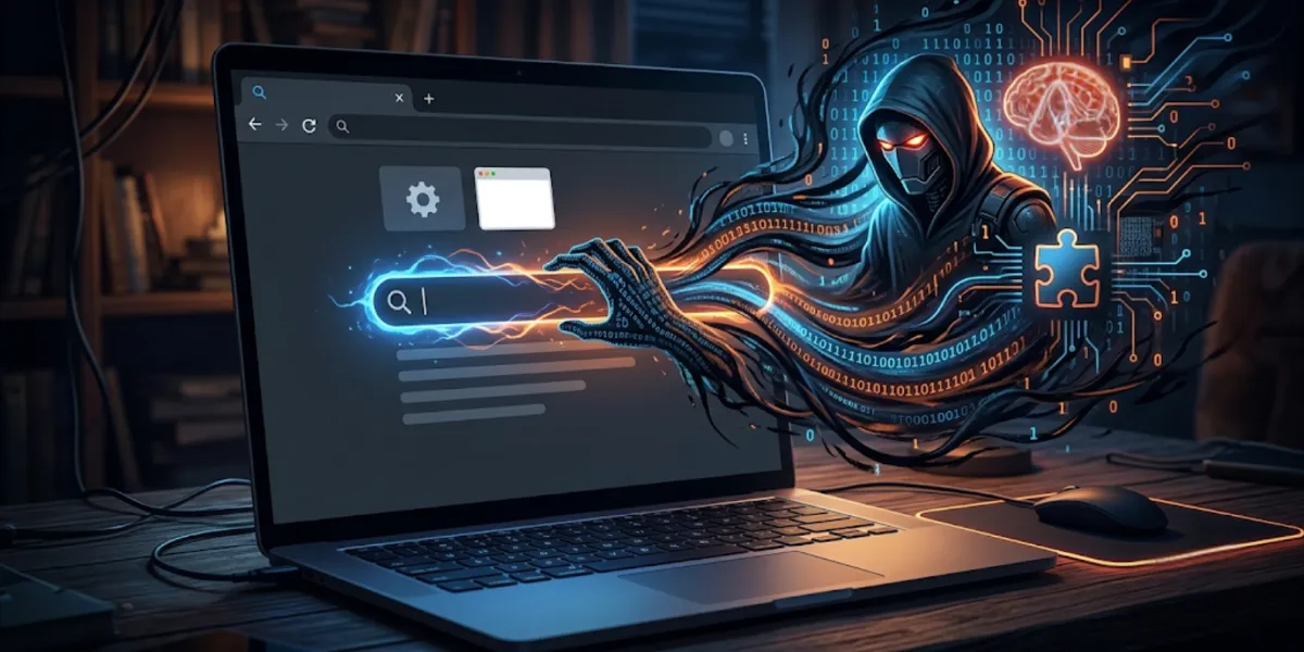 Illustratie van een browserzoekbalk die wordt gekaapt door een verborgen figuur